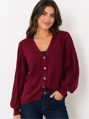 H by Halston Pleated Sleeve V-Neck Cardigan XL Burgundy Button Knit Sweater